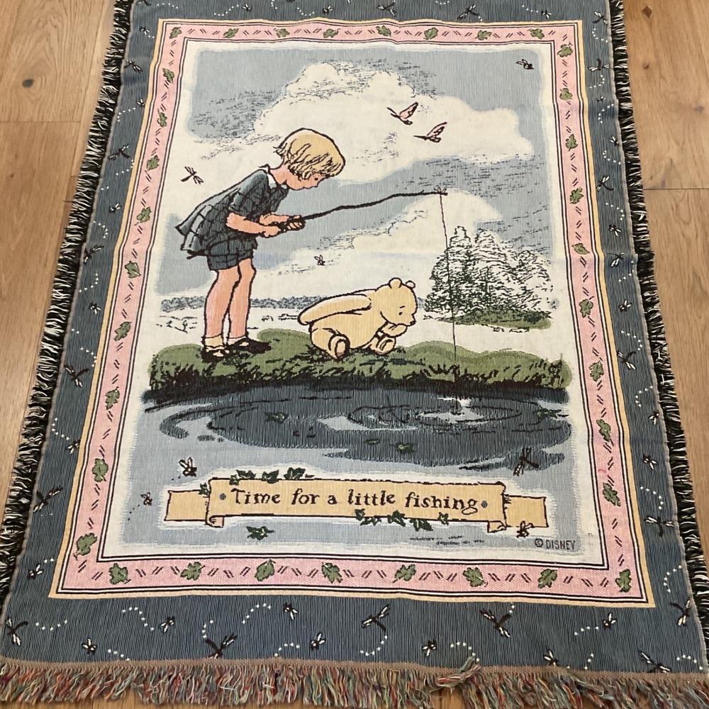 Vintage Classic Pooh Woven Tapestry Blanket Time For A Little Fishing 45x64 USA